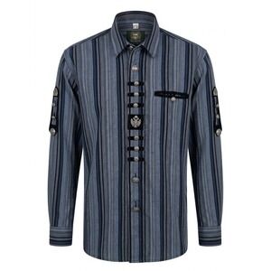 NWOT OS Trachten Bavarian Shirt Blue Gray Striped‎ Silver Crest Buttons Large